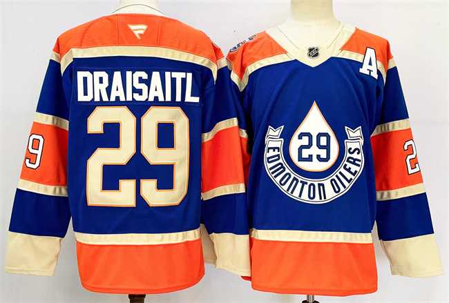 Mens Edmonton Oilers #29 Leon Draisaitl Royal 2024-25 With A Patch Heritage Classic Primegreen Stitched Jersey